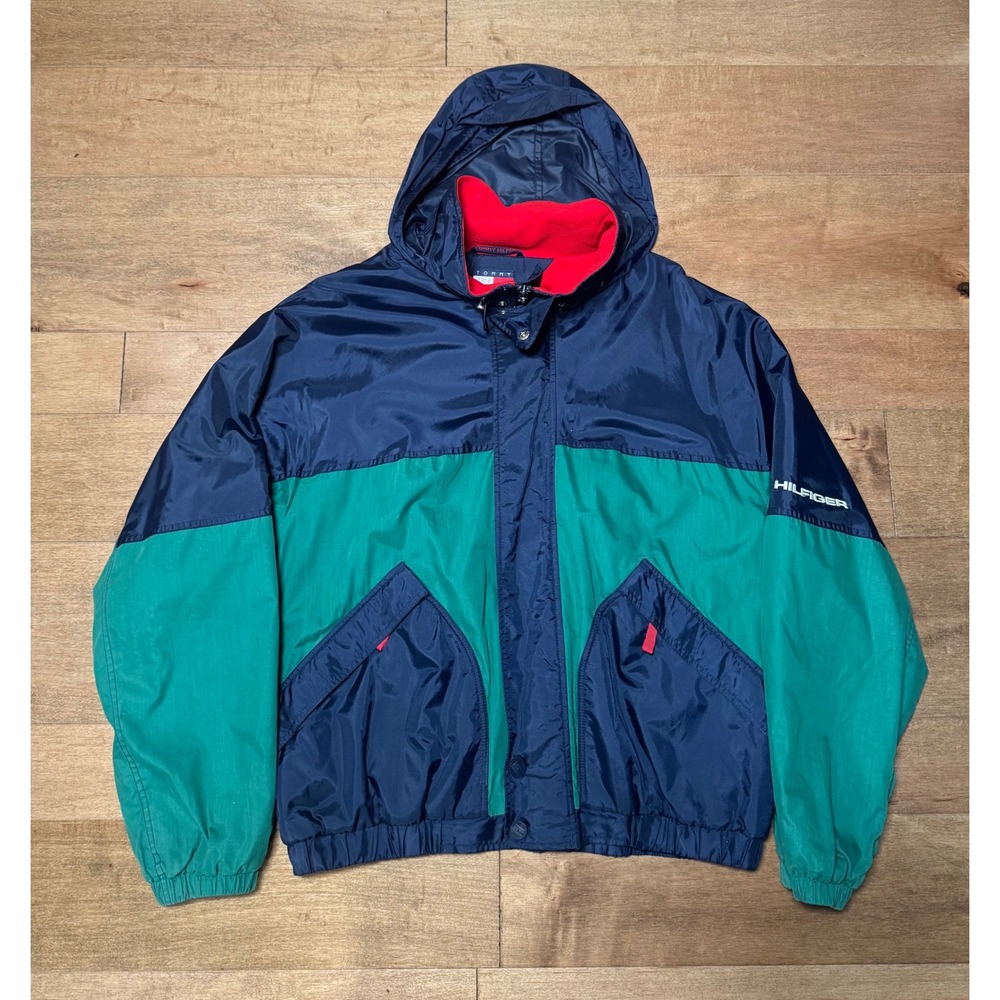 Tommy Hilfiger Colorblock Hooded Puffer Windbreaker Coat Jacket‎ Vintage Mens XL